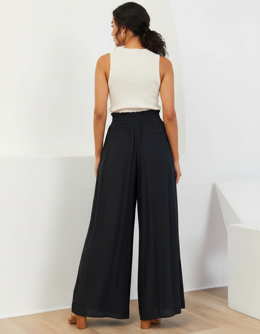 Pantalon Crêpe Noir Taille Élastique - Viscose - vue 2