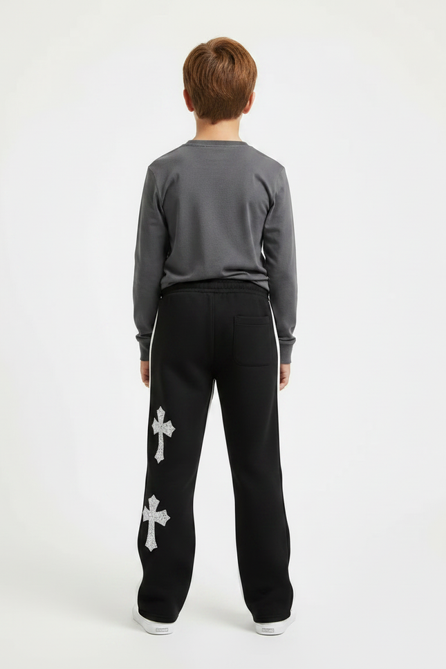Pantalon Noir Évasé Imprimé Croix Streetwear Décontracté - Molleton - vue 2