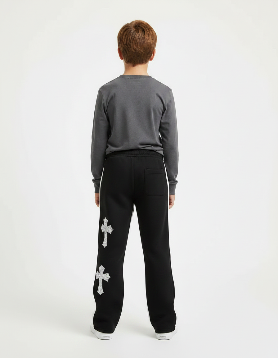 Pantalon Noir Évasé Imprimé Croix Streetwear Décontracté - Molleton - vue 2