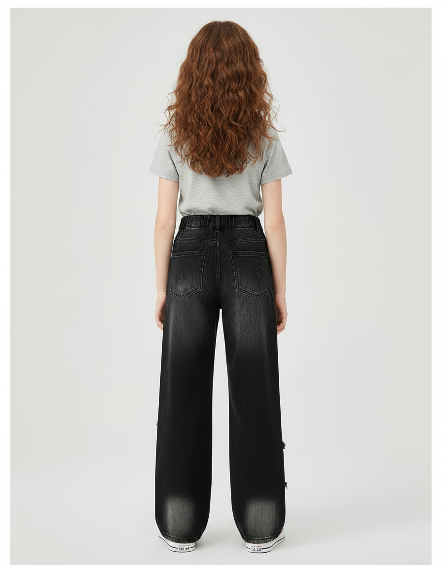Pantalon Noir Denim Ample Déchiré Fille - Jean - vue 2