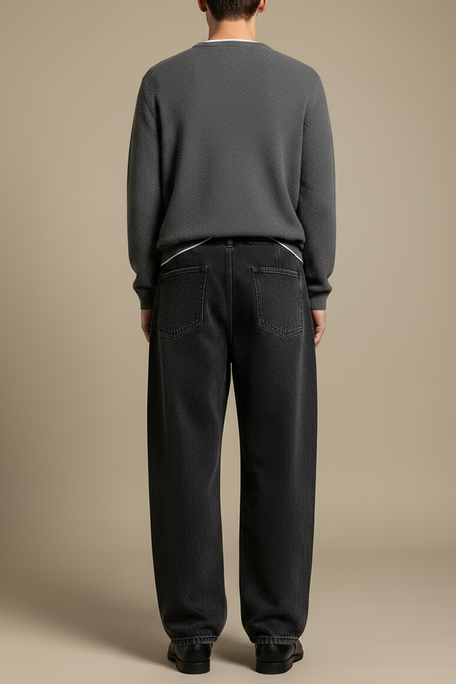 Pantalon Noir Ample Délavé Cordon Décontracté Homme - Jean - vue 2