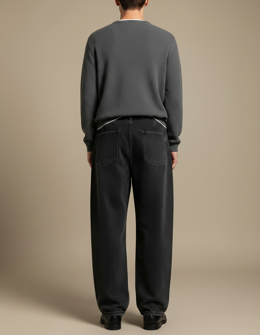 Pantalon Noir Ample Délavé Cordon Décontracté Homme - Jean - vue 2