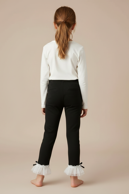 Pantalon Noir Fille Côtelé Volants Dentelle Nœuds - Maille - vue 2