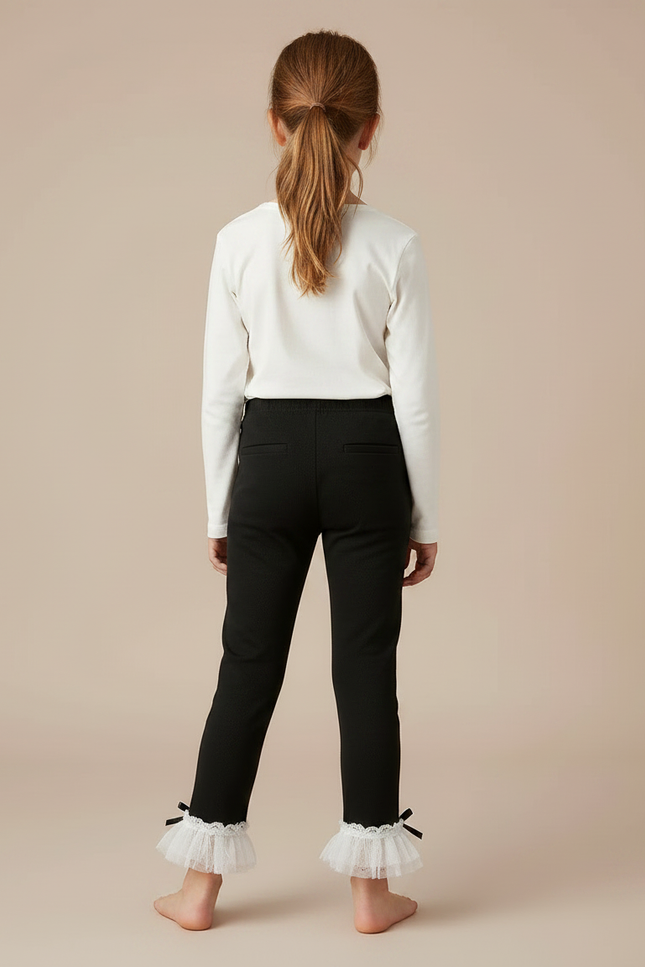 Pantalon Noir Fille Côtelé Volants Dentelle Nœuds - Maille - vue 2