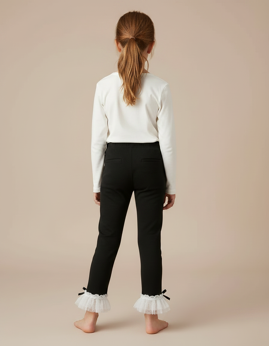 Pantalon Noir Fille Côtelé Volants Dentelle Nœuds - Maille - vue 2