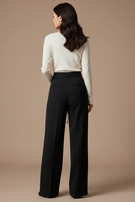 Pantalon Noir Taille Haute Fluide Ample Élégant - Polyester - vue 2