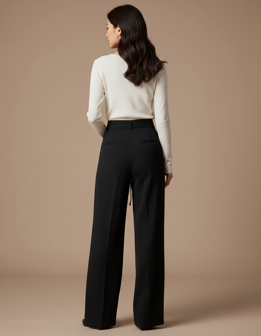 Pantalon Noir Taille Haute Fluide Ample Élégant - Polyester - vue 2