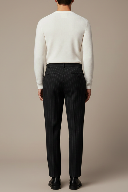 Pantalon Noir Rayé Droit Élégant Homme - Laine - vue 2