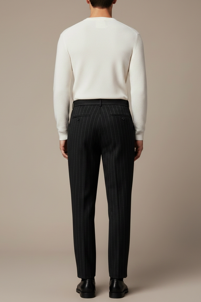 Pantalon Noir Rayé Droit Élégant Homme - Laine - vue 2