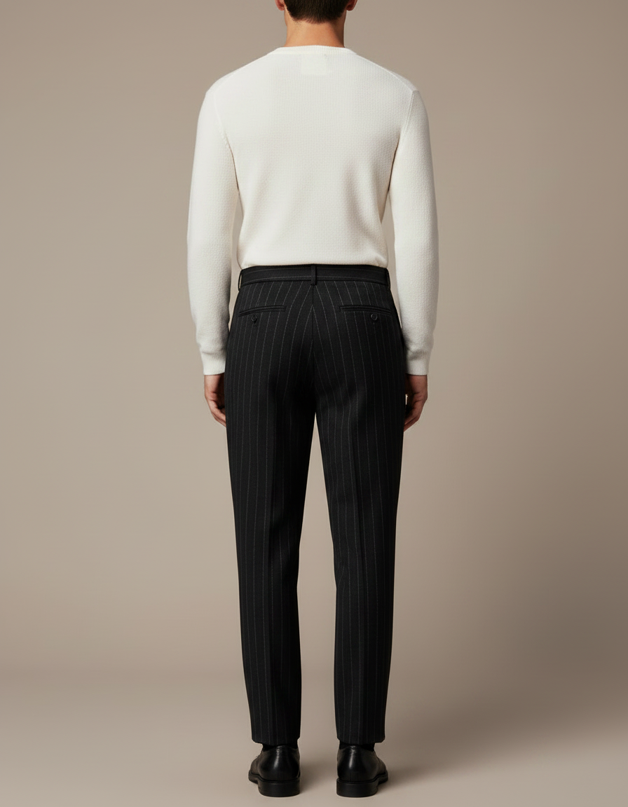 Pantalon Noir Rayé Droit Élégant Homme - Laine - vue 2