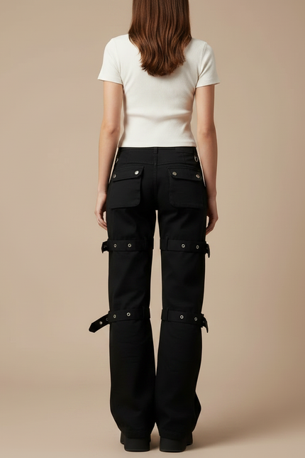Pantalon Noir Cargo Boucles Imprimé Y2K Femme - Toile - vue 2