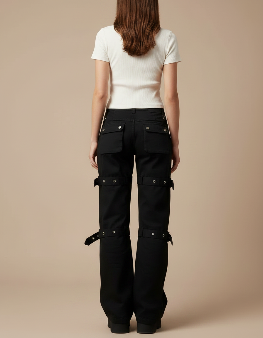 Pantalon Noir Cargo Boucles Imprimé Y2K Femme - Toile - vue 2