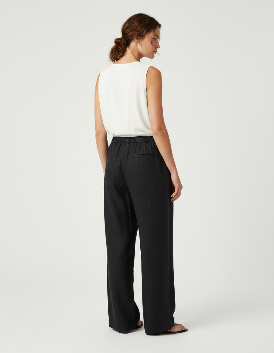 Pantalon Noir Fluide Ample Taille Haute Femme - Lin - vue 2