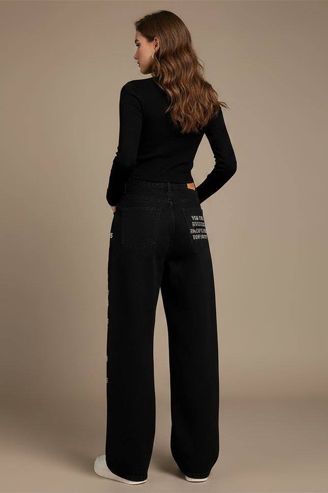Pantalon Noir Ample Imprimé Lettres Streetwear - Jean - vue 2
