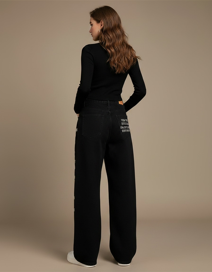 Pantalon Noir Ample Imprimé Lettres Streetwear - Jean - vue 2