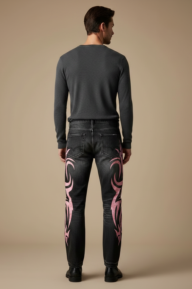 Pantalon Noir Brodé Ample Vintage Hip Hop Homme - Jean - vue 2