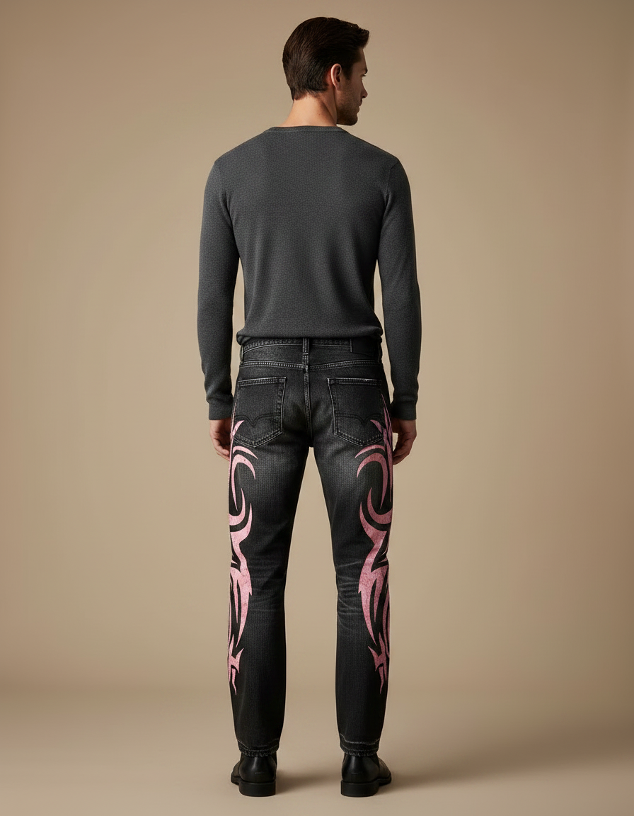 Pantalon Noir Brodé Ample Vintage Hip Hop Homme - Jean - vue 2