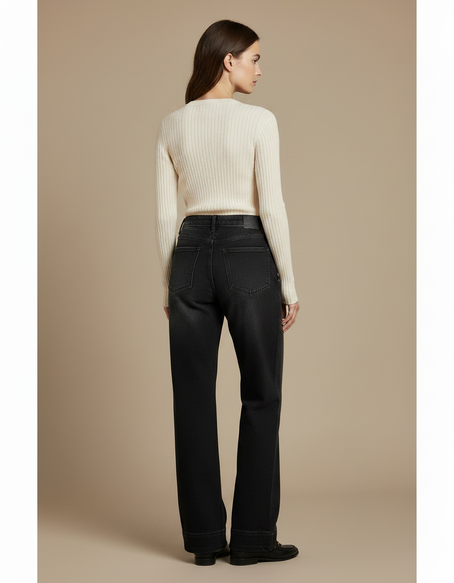 Pantalon Noir Ample Vintage Décontracté Évasé Femme - Jean - vue 2
