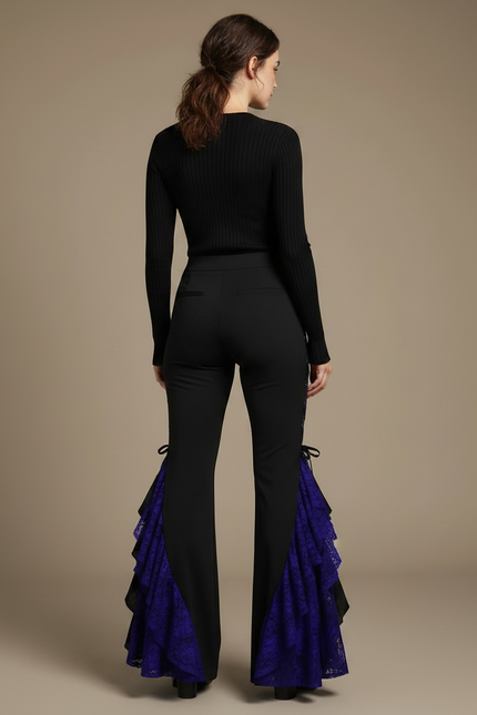 Pantalon Noir Évasé Dentelle Violette Ruffle Gothique - Maille - vue 2