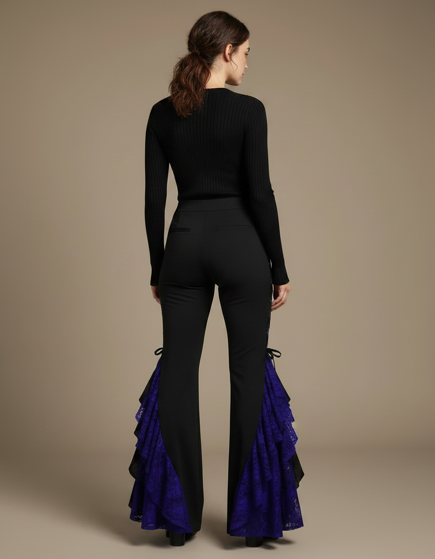 Pantalon Noir Évasé Dentelle Violette Ruffle Gothique - Maille - vue 2