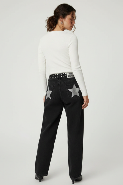 Pantalon Noir Large Étoiles Paillettes Taille Haute Femme - Jean - vue 2