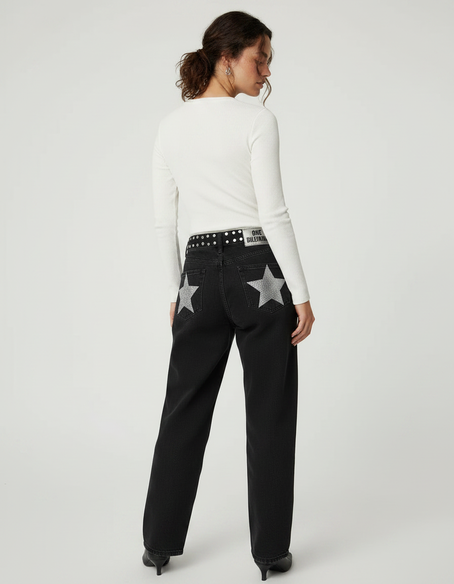 Pantalon Noir Large Étoiles Paillettes Taille Haute Femme - Jean - vue 2