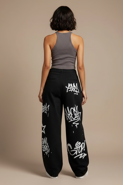 Pantalon Noir Ample Graffitis Blancs Décontracté Femme - Toile - vue 2