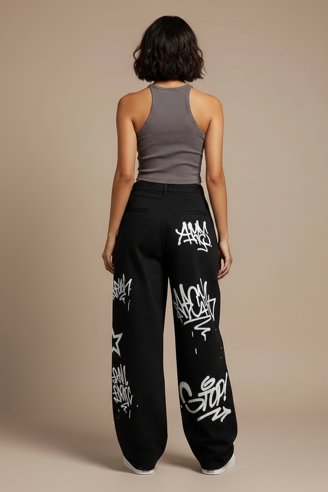 Pantalon Noir Ample Graffitis Blancs Décontracté Femme - Toile - vue 2