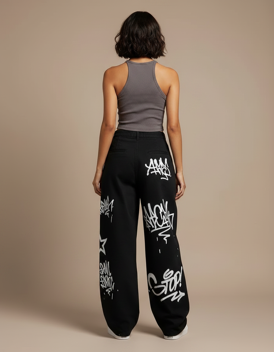 Pantalon Noir Ample Graffitis Blancs Décontracté Femme - Toile - vue 2