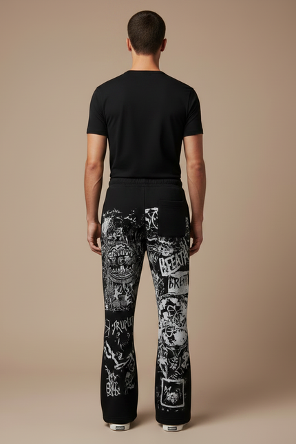 Pantalon Noir Évasé Imprimé Graphique Décontracté Homme - Molleton - vue 2