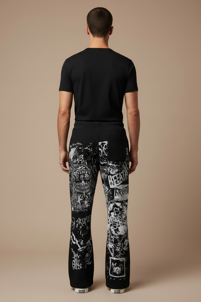 Pantalon Noir Évasé Imprimé Graphique Décontracté Homme - Molleton - vue 2