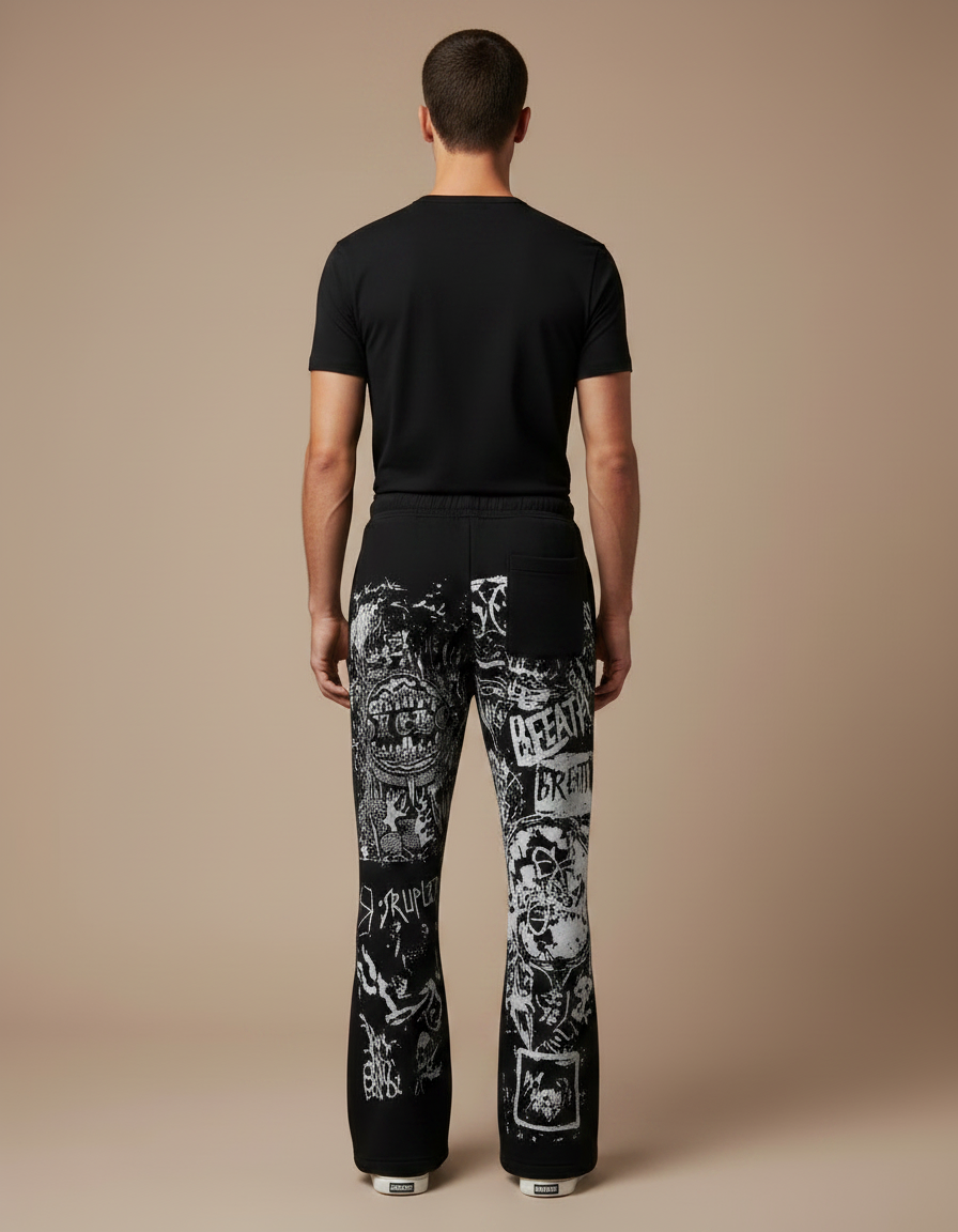 Pantalon Noir Évasé Imprimé Graphique Décontracté Homme - Molleton - vue 2