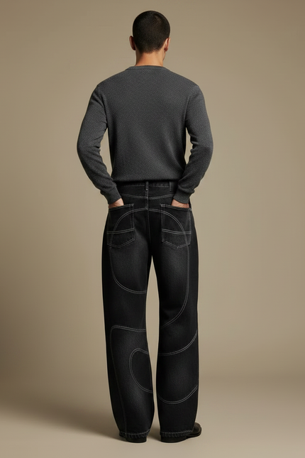 Pantalon Noir Denim Ample Coutures Apparentes Décontracté - Jean - vue 2