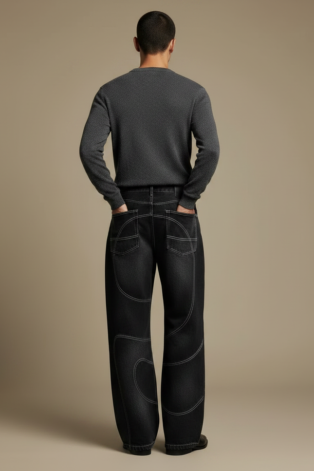 Pantalon Noir Denim Ample Coutures Apparentes Décontracté - Jean - vue 2