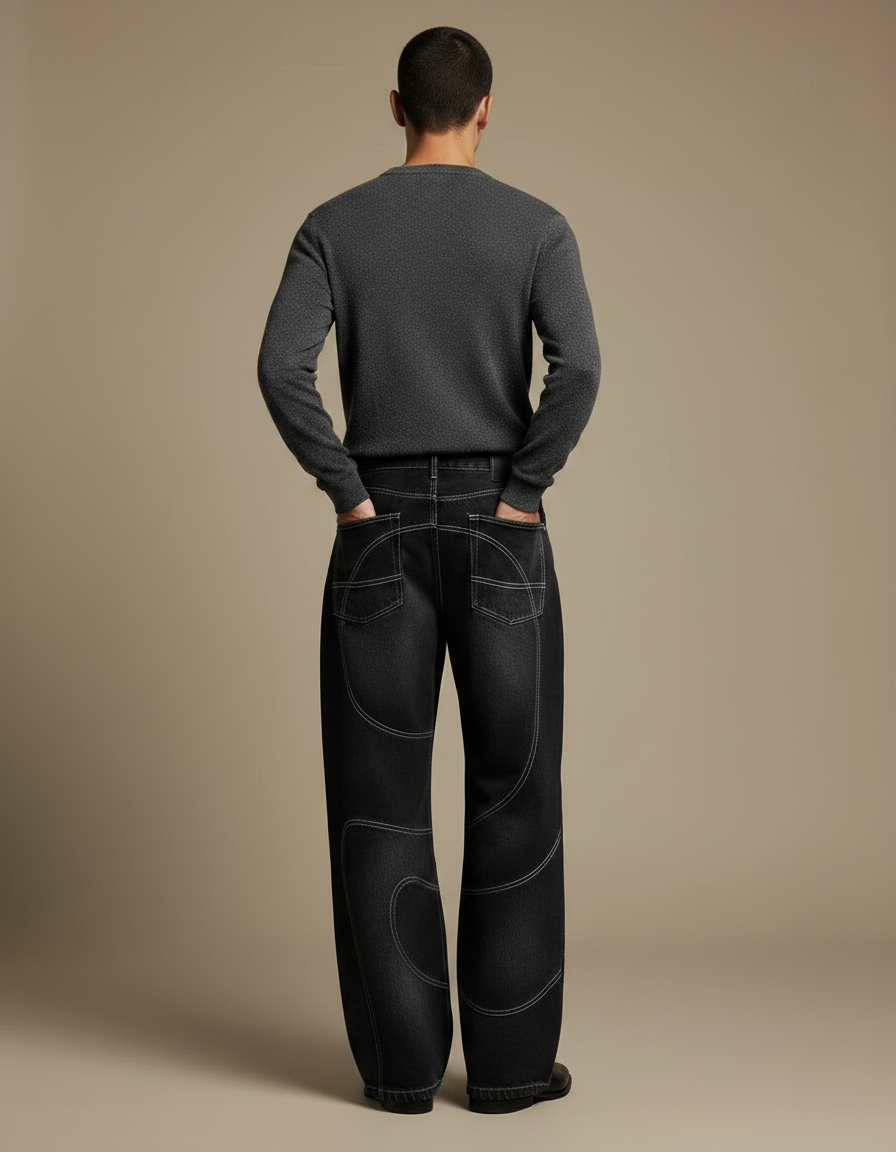 Pantalon Noir Denim Ample Coutures Apparentes Décontracté - Jean - vue 2