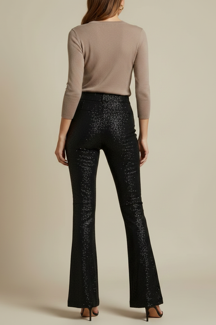 Pantalon Noir Paillettes Évasé Taille Haute Femme Chic - Polyester - vue 2