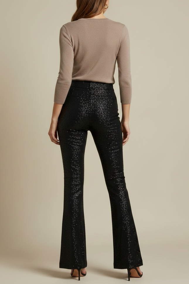 Pantalon Noir Paillettes Évasé Taille Haute Femme Chic - Polyester - vue 2