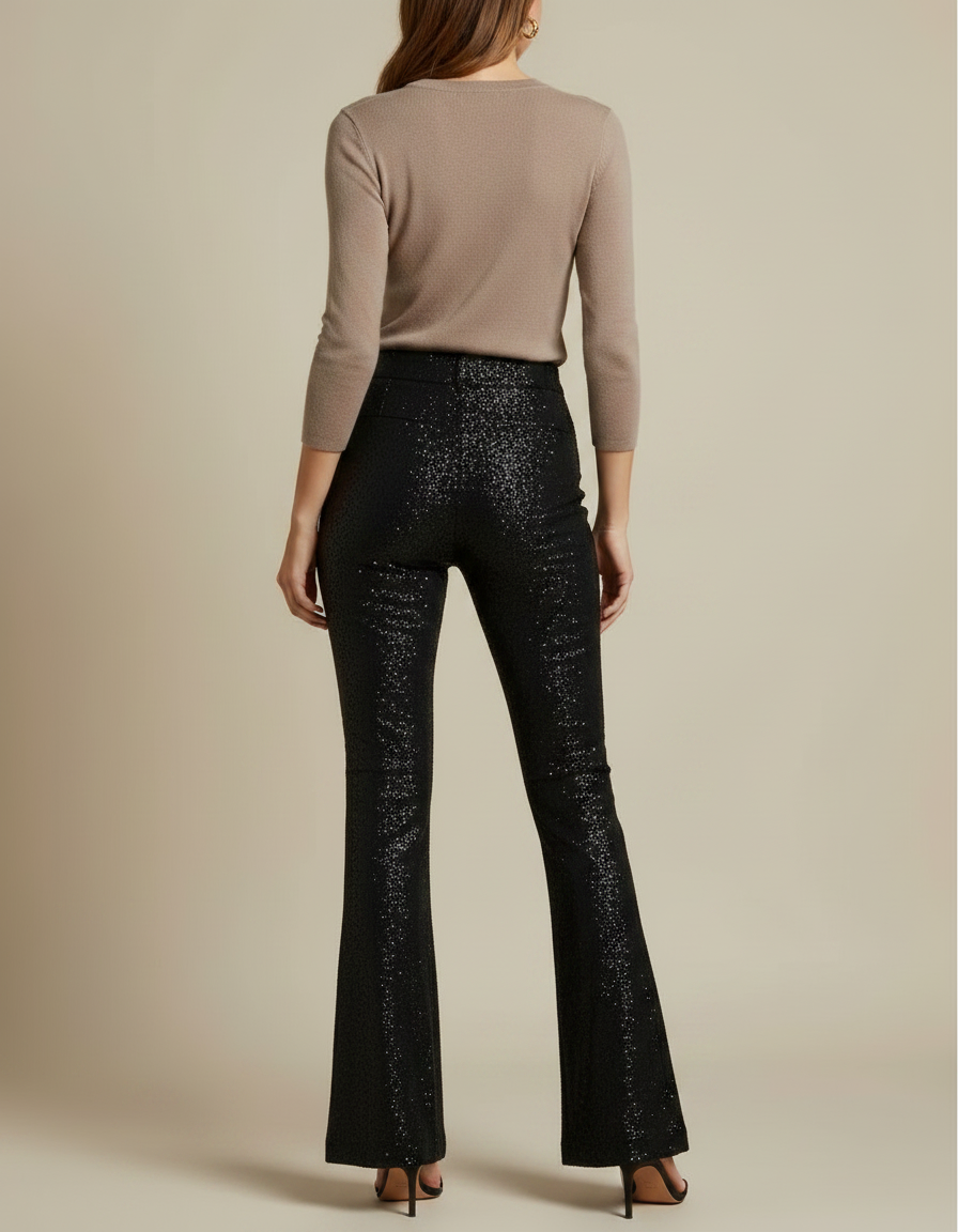 Pantalon Noir Paillettes Évasé Taille Haute Femme Chic - Polyester - vue 2