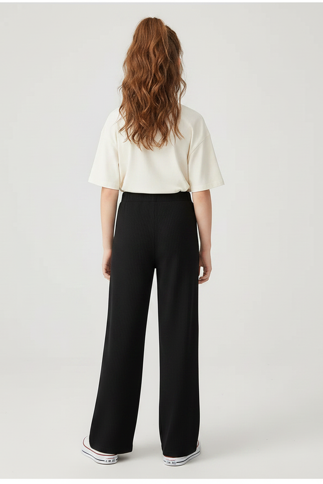 Pantalon Noir Côtelé Ample Confortable Fille Décontracté - Maille - vue 2
