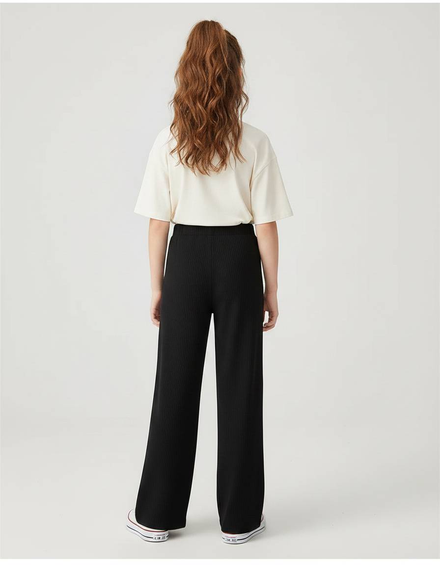 Pantalon Noir Côtelé Ample Confortable Fille Décontracté - Maille - vue 2