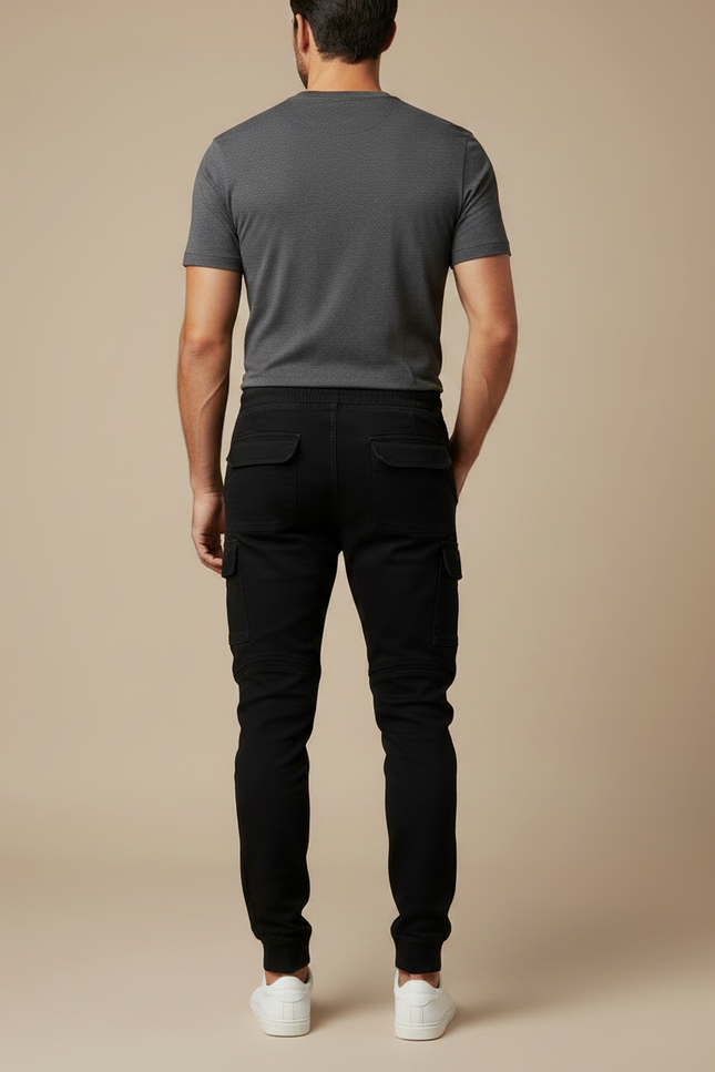 Pantalon Noir Cargo Homme Jogger Coton Ajusté - vue 2