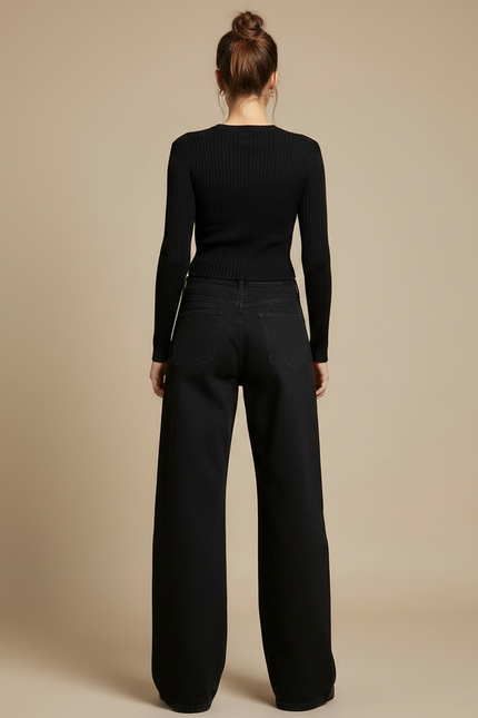 Pantalon Noir Large Décontracté Taille Haute Femme - Jean - vue 2