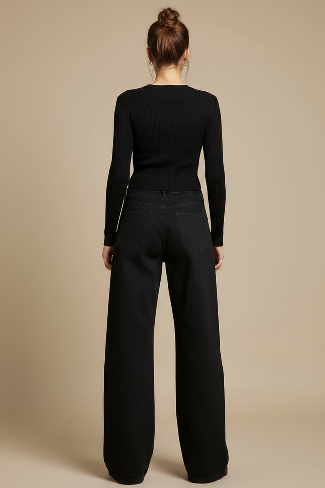 Pantalon Noir Large Décontracté Taille Haute Femme - Jean - vue 2