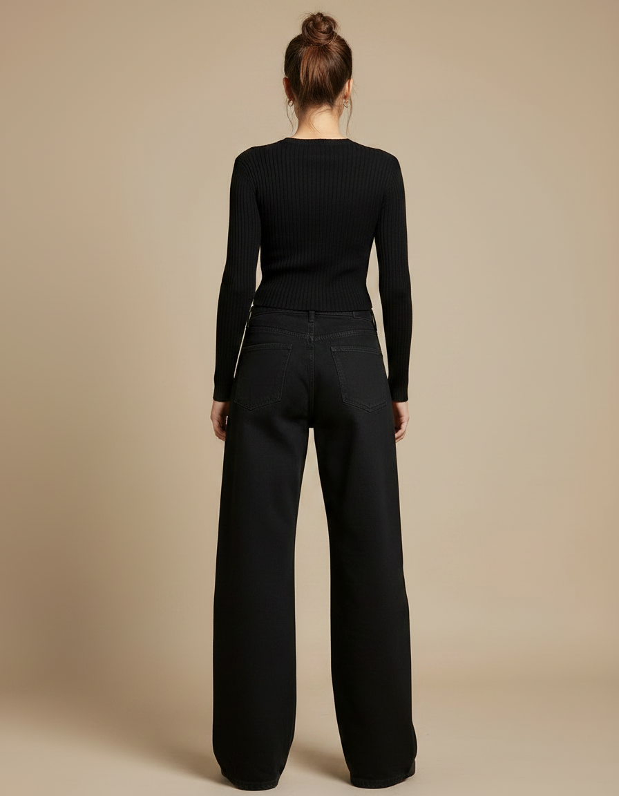 Pantalon Noir Large Décontracté Taille Haute Femme - Jean - vue 2