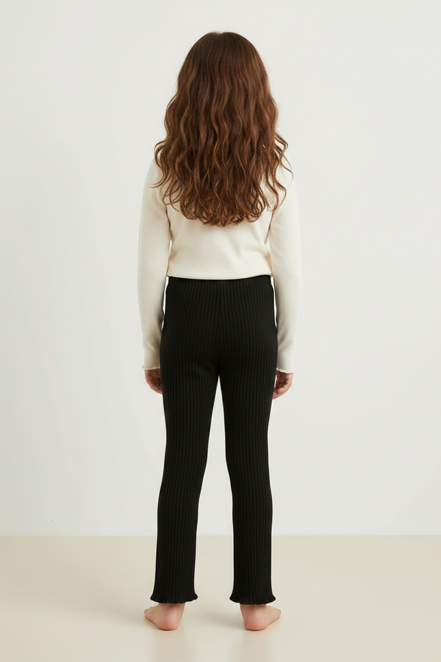 Pantalon Noir Côtelé Évasé Fille Confortable - Maille - vue 2
