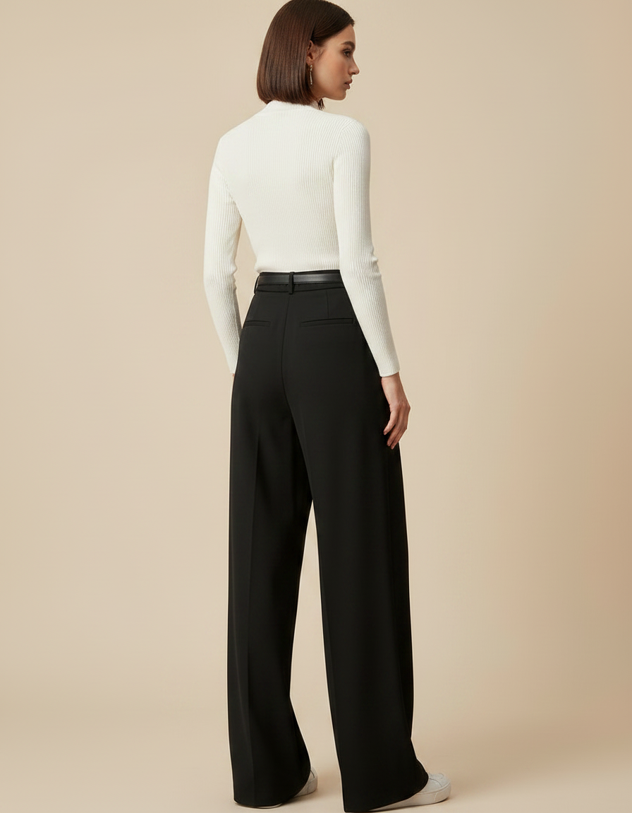 Pantalon Noir Large Fluide Élégant Femme - Polyester - vue 2