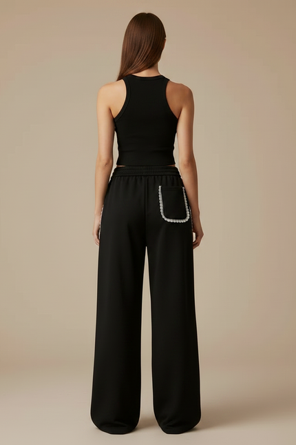 Pantalon Noir Ample Dentelle Décontracté Femme - Molleton - vue 2