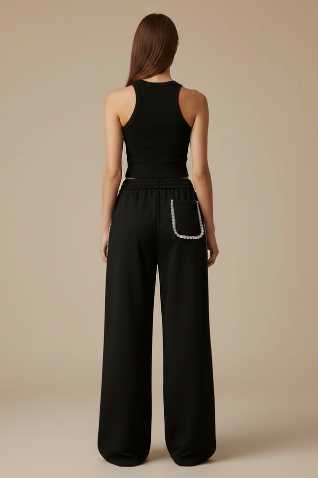 Pantalon Noir Ample Dentelle Décontracté Femme - Molleton - vue 2