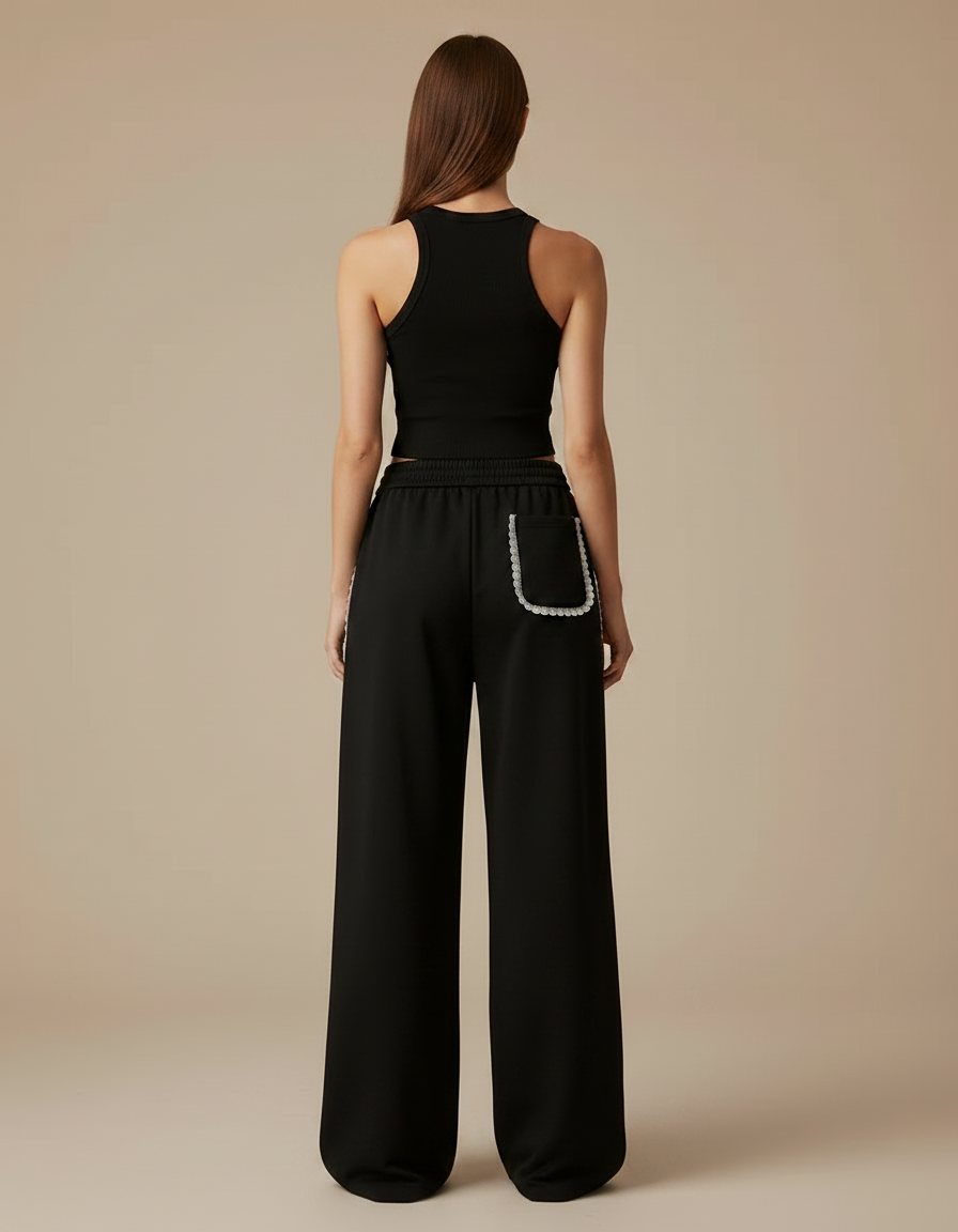 Pantalon Noir Ample Dentelle Décontracté Femme - Molleton - vue 2