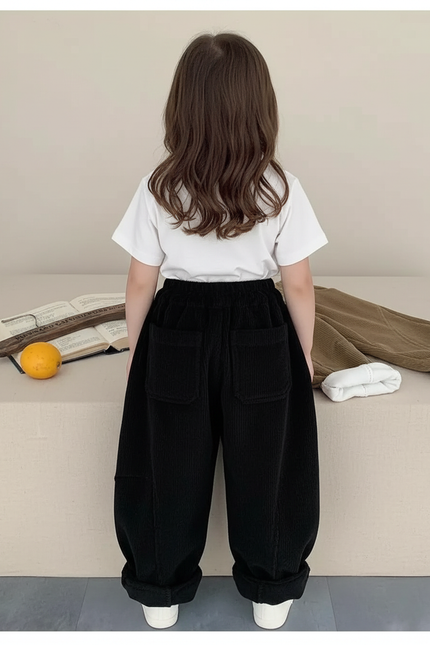 Pantalon Noir Côtelé Ample Décontracté Élastique - Cordé